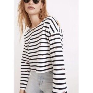 Madewell Cropped Tee Size Small Cross Stitch Long Sleeve Striped Navy Blue White